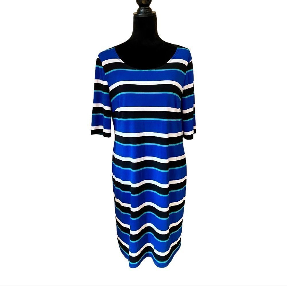 Robbie Bee Blue, White, Black & Teal Striped Short Sleeve Shift Dress.